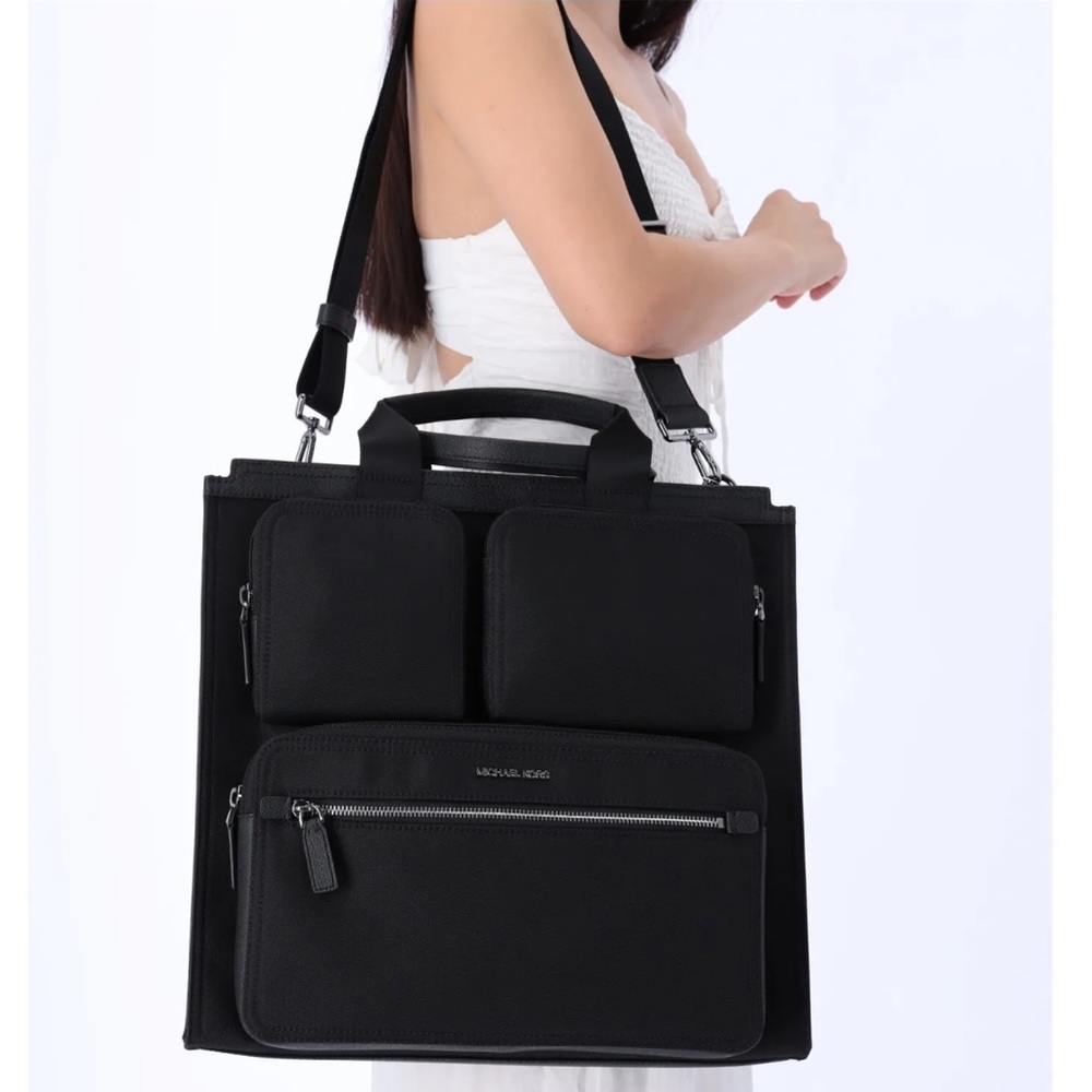 Michael Kors Unisex Kent Recycle Canvas Large Top Zip Tote Laptop Work Bag Black - Picture 2 of 8